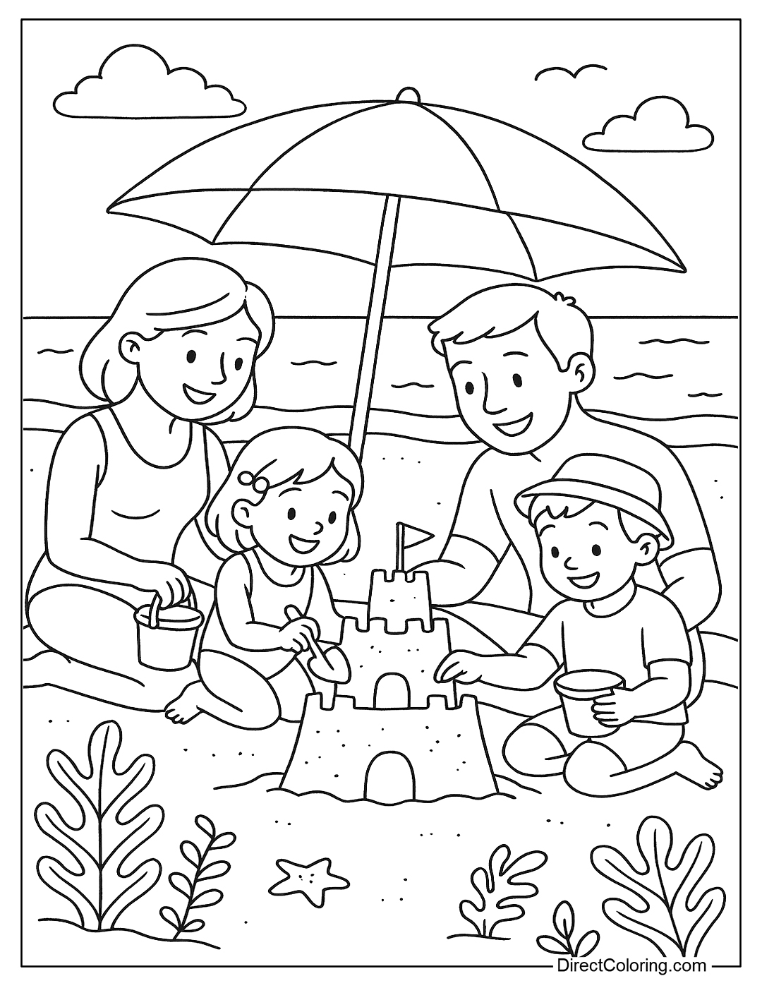 coloring page of a family of people playing in the sand at the beach, building sandcastles and using an umbrella to shade the sun